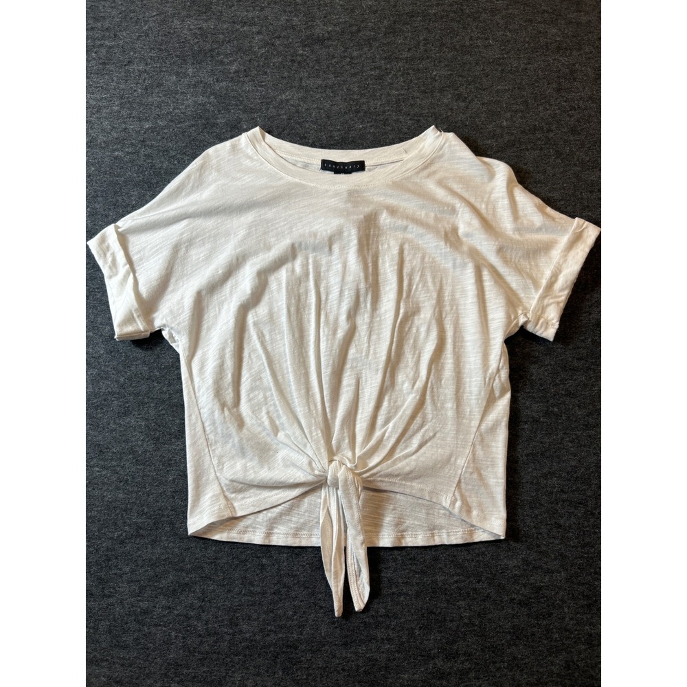 Sanctuary Tie Front Tee Womens XS White NEW Slub Knit Cuffed Short Sleeve Top